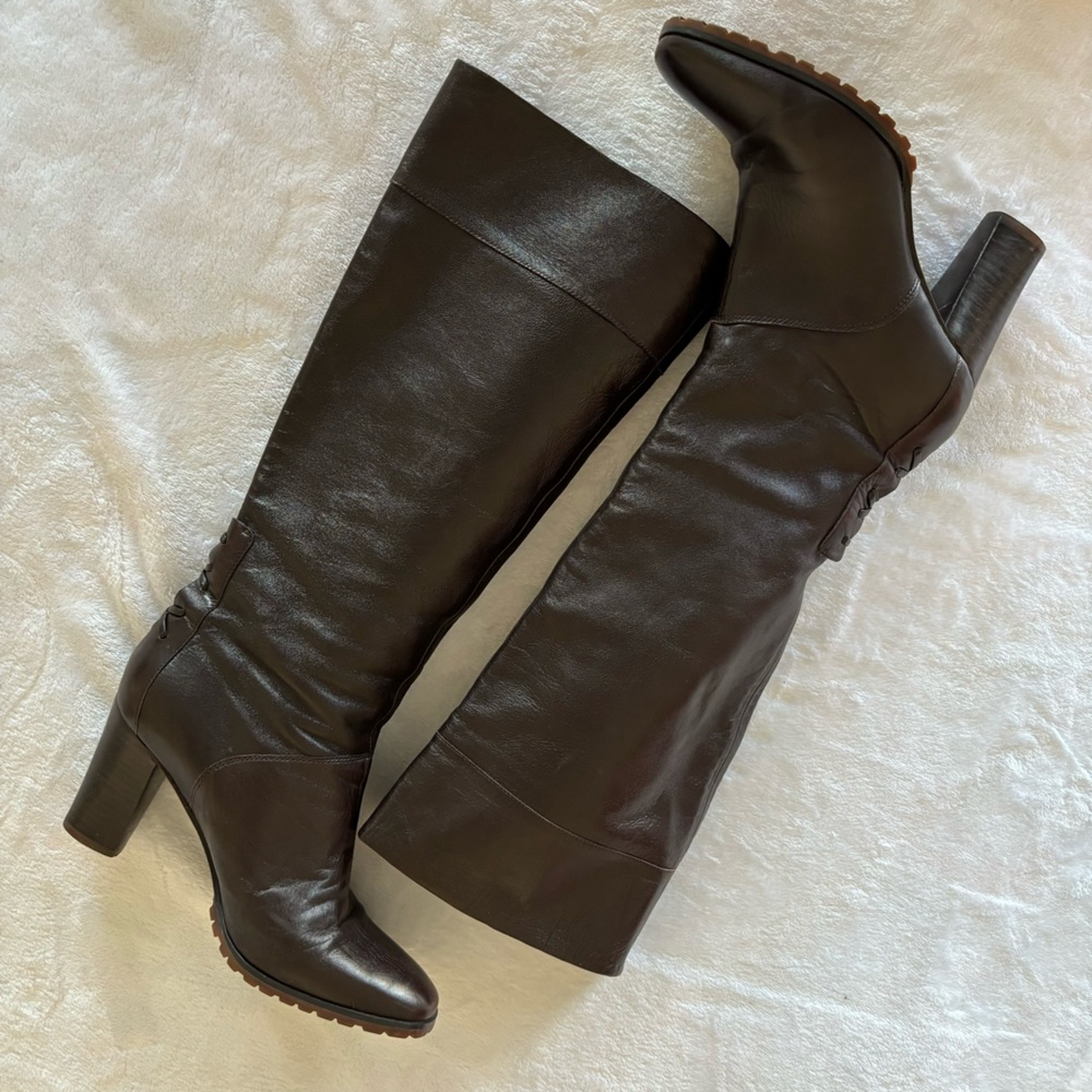 FRENCH CONNECTION Brown Leather Folding Top Knee High Fashion Boots--EUC--6.5